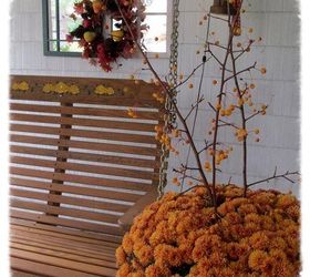 come sit a spell, gardening, outdoor furniture, outdoor living, porches, Fall colors display on the porch