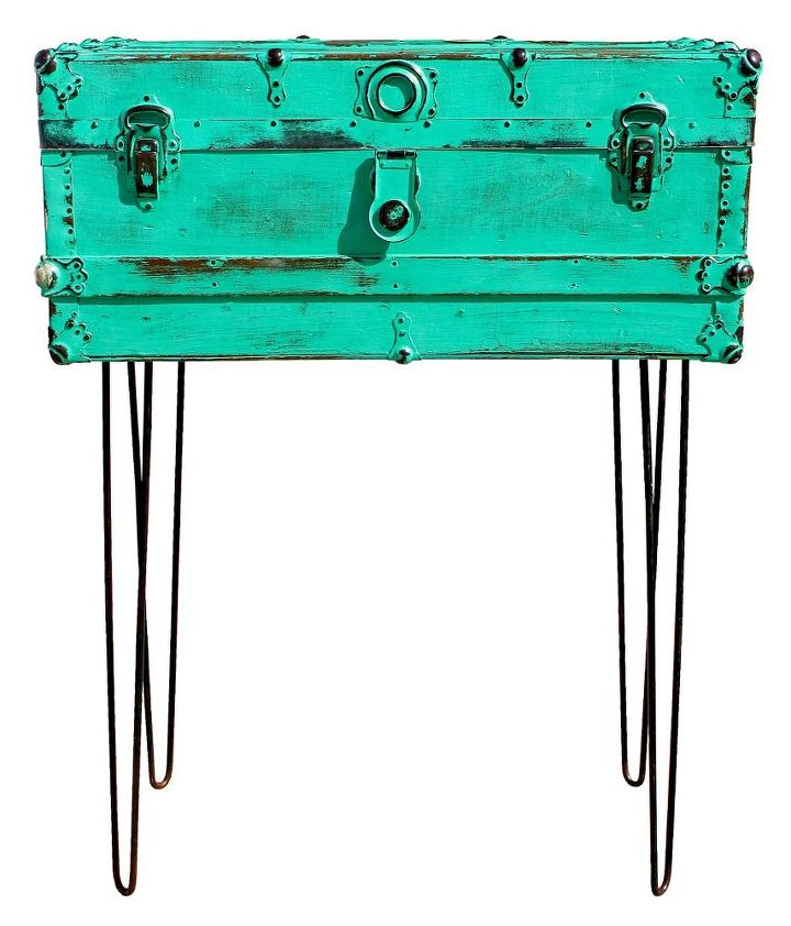 upcycled custom green storage trunk hairpin leg table, chalk paint, painted furniture, repurposing upcycling, Upcycled Green Storage Trunk Table with Hairpin Legs by GadgetSponge com