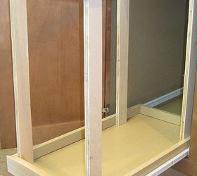 kitchen organization, closet, diy, shelving ideas, storage ideas, woodworking projects, Next my husband cut strips of plywood nailed them in vertically at the front of the shelf He added two more towards the back of the shelf but not all the way at the back so the bin would fit snugly