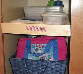 kitchen organization, closet, diy, shelving ideas, storage ideas, woodworking projects, The top pullout shelf holds cups divided containers napkins notes Below a basket easily pulls out to grab lunch bags