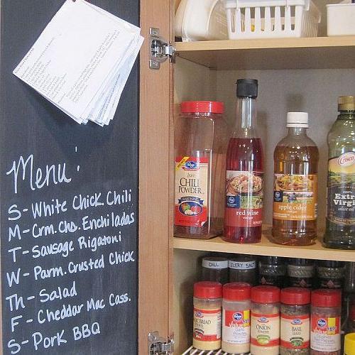 kitchen organization, closet, diy, shelving ideas, storage ideas, woodworking projects, Painting chalkboard paint on the inside of this cabinet allows me to post my weekly meal plan I use a chalk pen I also keep my recipe cards on a hook above