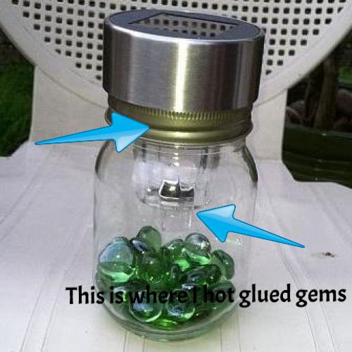another solar light in a jar, crafts, lighting, The solar light was almost the same size as the jar ring UPDATE Don t hot glue gems to the outside they may fall off