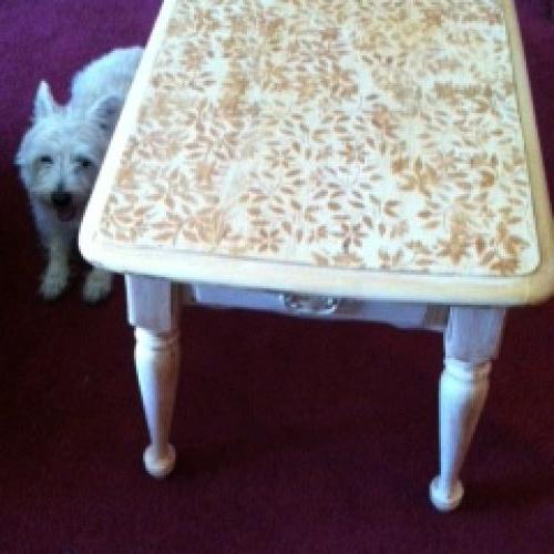 painted table donated for a fundraiser, chalk paint, painted furniture, Dog not included But after he pulled a Houdini and escaped from the yard today I may have second thoughts Found him about 8 houses away at the corner going to the bathroom in his favorite spot He was on a mission