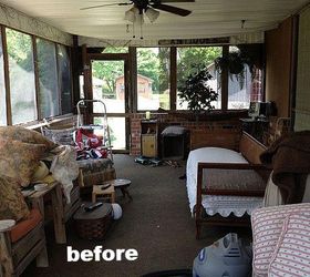 from simple screened porch to entertaining oasis cheap, Before the renovation which included ripping out that overheard vinyl ceiling and opening up the space