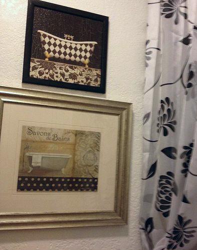my daughter s bathroom, bathroom ideas, home decor, The framed art in gold was purchased as a clearance at Ross the other at Goodwill