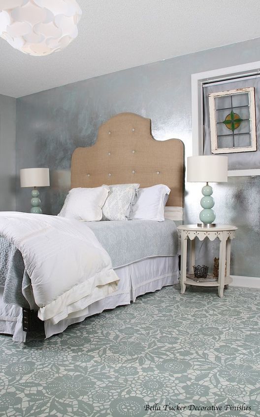 goodbye carpet hello stenciled floor with annie sloan chalk paint, bedroom ideas, chalk paint, flooring, painting, The completed floor Wall treatment is a silver foil decorative finish