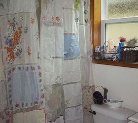 shower curtains from 4 generations repurposed remade and redefined, crafts, repurposing upcycling, reupholster, window treatments, Hanging up in the bathroom