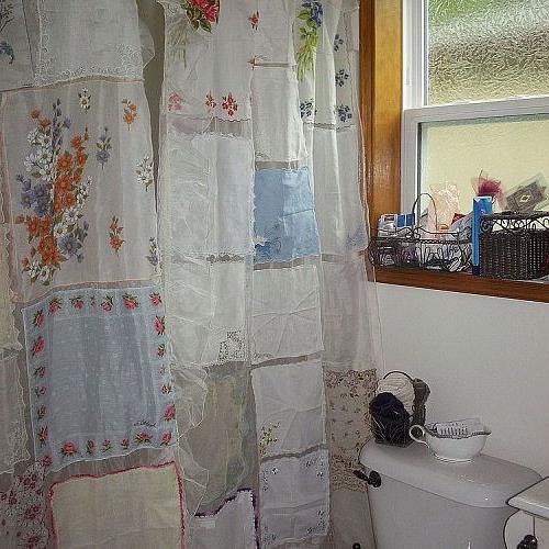 shower curtains from 4 generations repurposed remade and redefined, crafts, repurposing upcycling, reupholster, window treatments, Hanging up in the bathroom