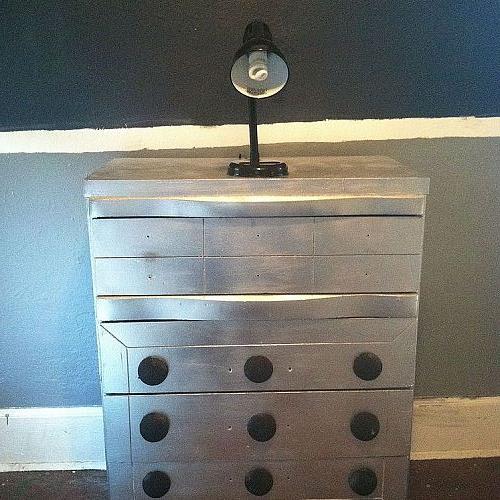 dalek dresser, painted furniture, metallic spray paint creates perfect silver sheen