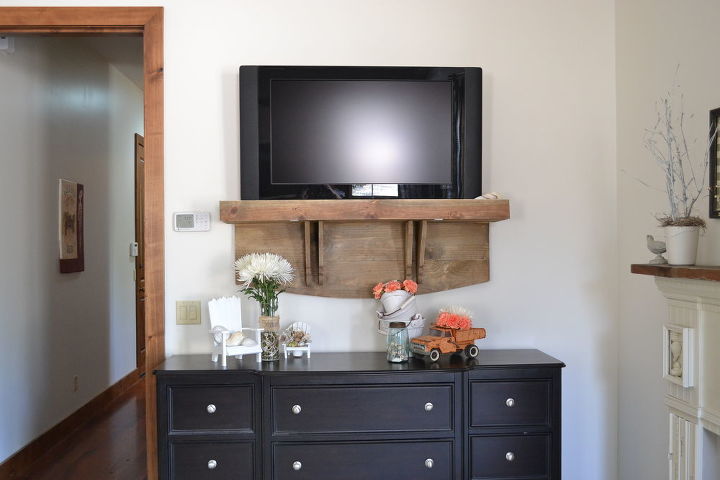 how s your tv hanging we added a shelf now ours looks better, diy, shelving ideas, woodworking projects, After