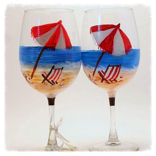 what could be better than a glass of wine in a pretty glass, crafts, Fun beach themed Wine Glass Note the glass of wine and bottle of wine next to the chairs Fun glass for any summer event or wedding