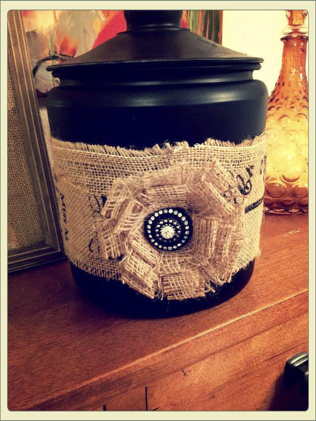burlap and vintage buttons, chalkboard paint, crafts, repurposing upcycling, A chalkboard black sprayed glass jar 2 different burlaps cut and layered on top of each other for ribbon The flower was made from burlap and a vintage button