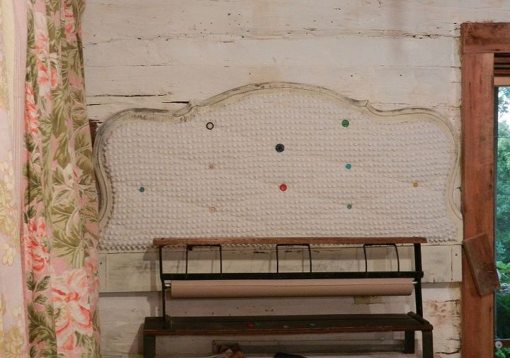 antique headboard repurposed into a beautiful creativity board, how to, repurposing upcycling, Chenille covered creativity board finished with vintage buttons