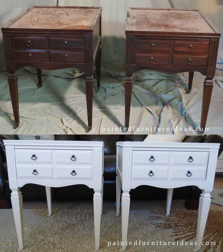 antique end tables repainted white, painted furniture