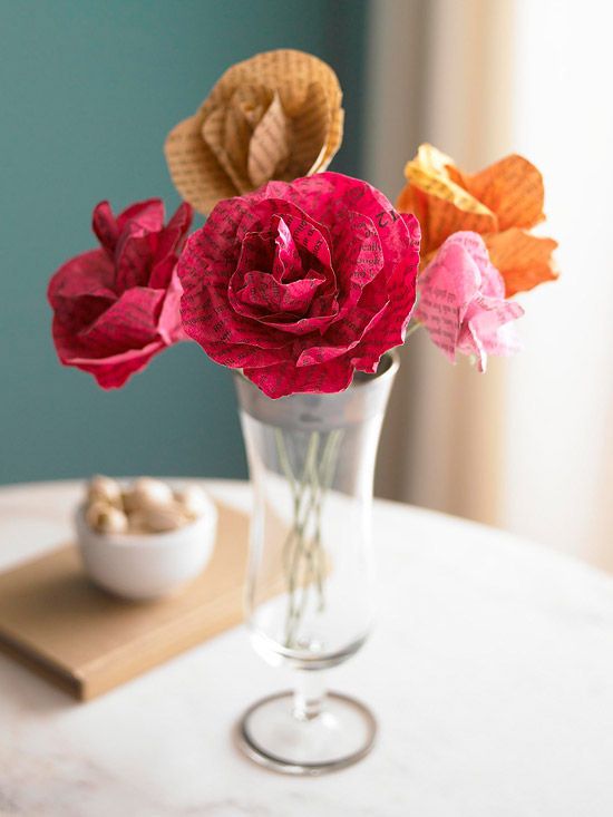 upcycling 5 new uses for old things in home decor, home decor, repurposing upcycling, 4 Old Book Pages I am almost positive you could do this with news papers also What a great idea to add some finesse and a splash of color to a room I really love how these roses turned out They are beautiful