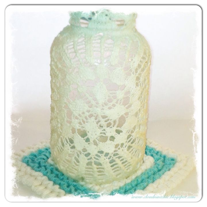 delightful dainty doily jar, crafts, decoupage, Display your old doilies in a whole new way Add a small candle to the jar for an amazing view and dancing patterns
