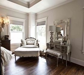 get the farmhouse french look, bedroom ideas, home decor, A painted vintage vanity anchors this wall while a French settee covered in a linen slipcover provides an inviting place to curl up with a book