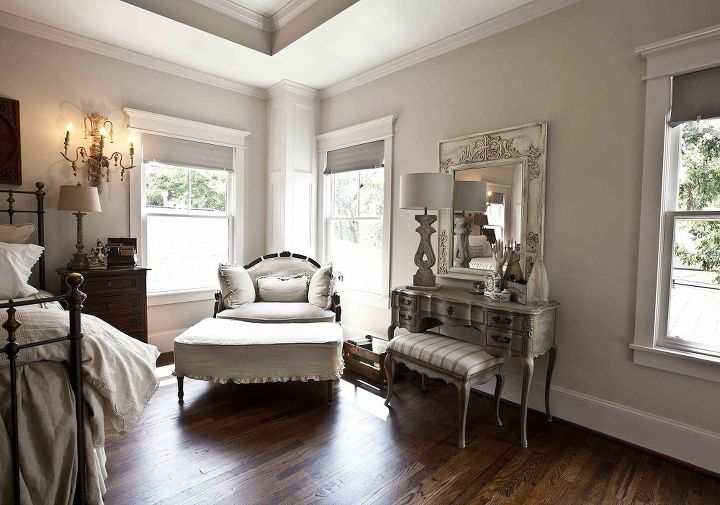 get the farmhouse french look, bedroom ideas, home decor, A painted vintage vanity anchors this wall while a French settee covered in a linen slipcover provides an inviting place to curl up with a book