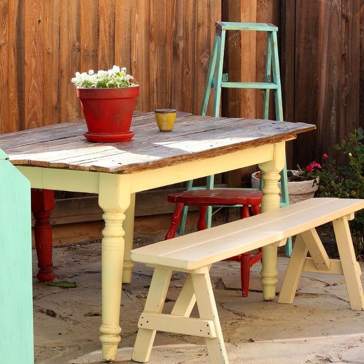 painting furniture home decor diy crafts humor, outdoor furniture, painted furniture, repurposing upcycling, Old Farm Table that was free to me gets a new look with reclaimed roadside found planks to top it off