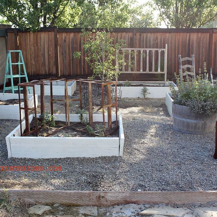 painting furniture home decor diy crafts humor, outdoor furniture, painted furniture, repurposing upcycling, Junk collected from road side finds makes it way into my garden to support vegetables growing instead of traditional garden supports