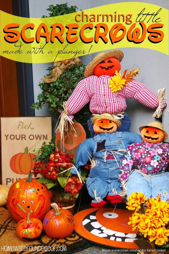 these charming scarecrows have a secret, craft rooms, halloween decorations, seasonal holiday decor, Charming Scarecrows made with children s clothing and a bathroom plunger