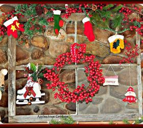 rustic christmas mantle from an old window, christmas decorations, repurposing upcycling, seasonal holiday decor, wreaths, I found this beat up old window and decided to use it for my centerpiece I added skates wreath mittens and stocking for a festive look