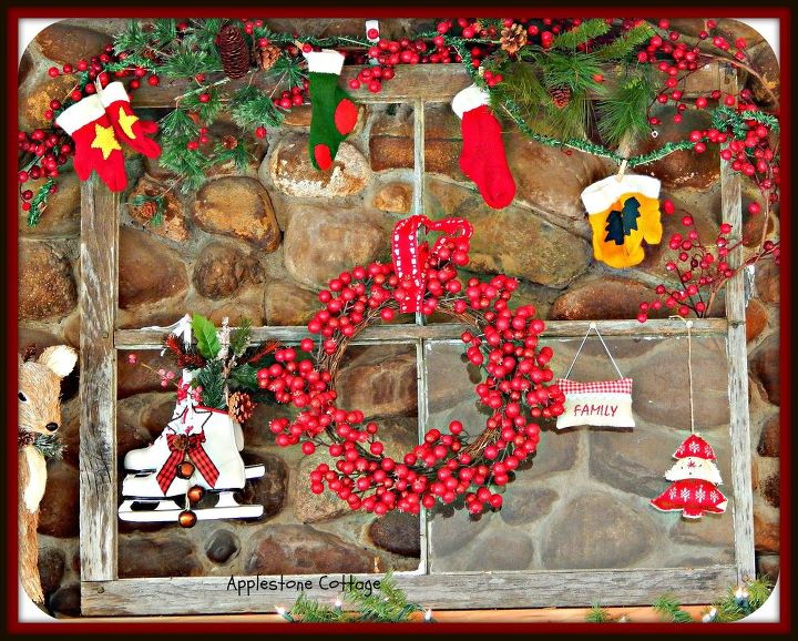 rustic christmas mantle from an old window, christmas decorations, repurposing upcycling, seasonal holiday decor, wreaths, I found this beat up old window and decided to use it for my centerpiece I added skates wreath mittens and stocking for a festive look