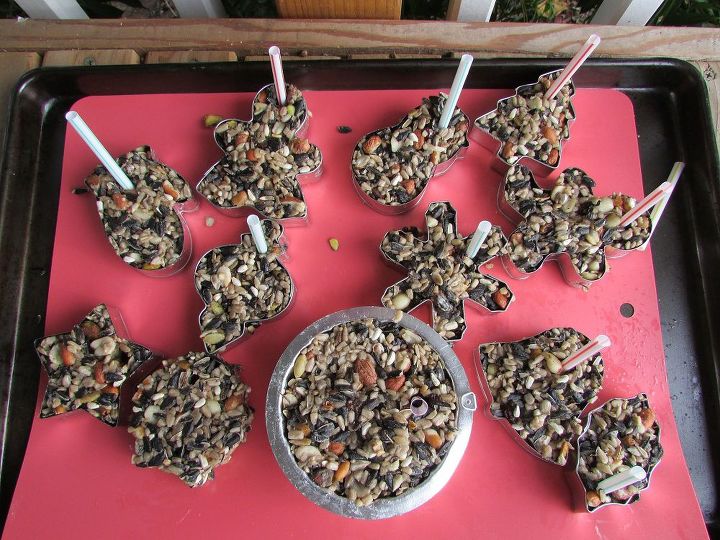 nutty fruit birdseed hanging ornaments, crafts, seasonal holiday decor, Put mixture in molds and stick straw into them for hole