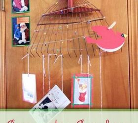 christmas tree card holder from and old rake, christmas decorations, crafts, repurposing upcycling, seasonal holiday decor, I used baker s twine to hang my cards from the rake in staggering lengths