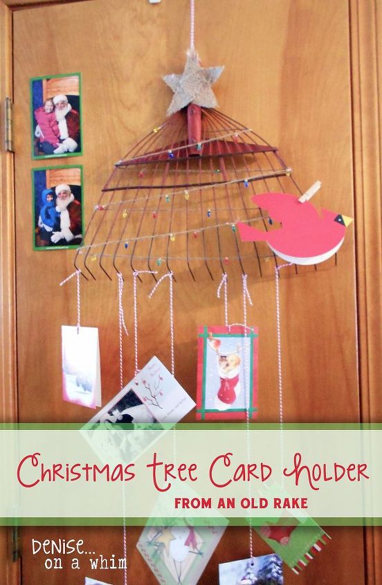 christmas tree card holder from and old rake, christmas decorations, crafts, repurposing upcycling, seasonal holiday decor, I used baker s twine to hang my cards from the rake in staggering lengths