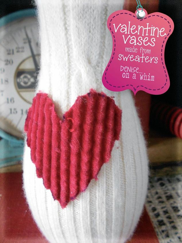 upcycle a vase with a sweater, crafts, repurposing upcycling, seasonal holiday decor, corduroy fabric from a thrifted blazer is the heart on this sweater vase