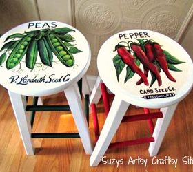 vintage seed packet art on stools, painted furniture, repurposing upcycling, Hand Painted Stools a great makeover from a thrift store find