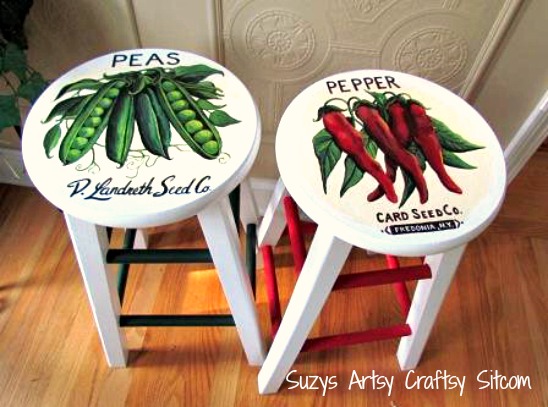 vintage seed packet art on stools, painted furniture, repurposing upcycling, Hand Painted Stools a great makeover from a thrift store find