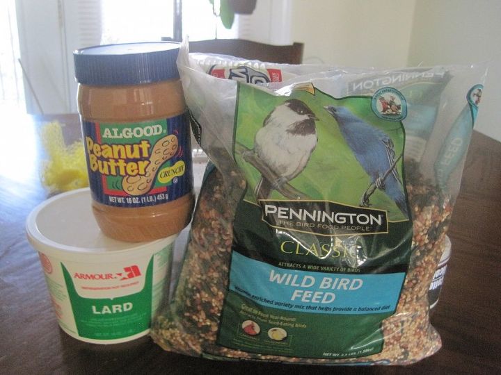 making peanut butter bird treats for my feathered friends, You will need Birdseed Peanut butter smooth or chunky stone ground cornmeal flour lard large spoons string or wire and microwavable bowl