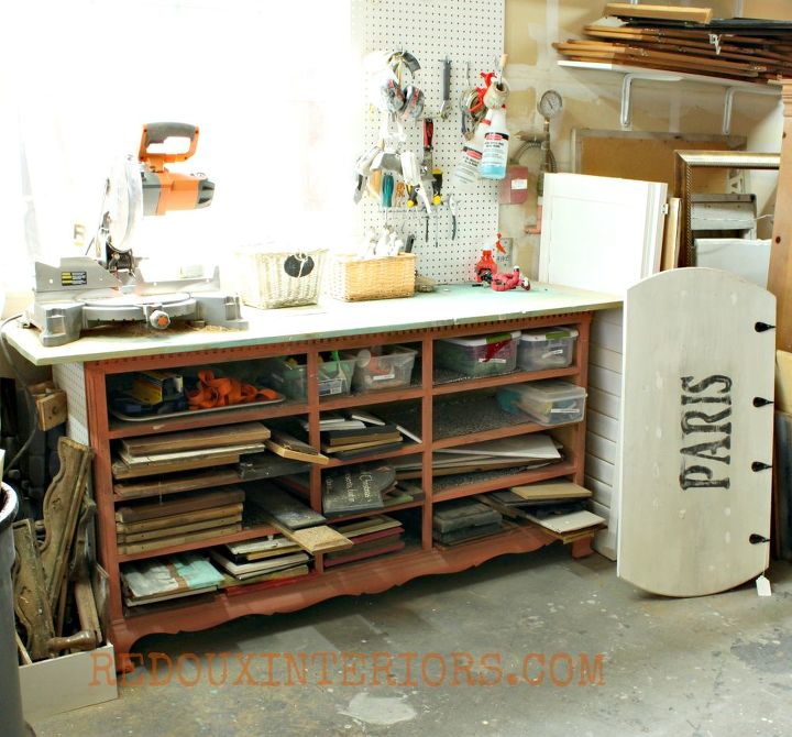 organize your garage using reclaimed and upcycled items, garages, organizing, repurposing upcycling, Dressers without drawers can often be found near dumpsters and on the side of the road Use them to store scrap wood sanding supplies etc I added a top of scrap wood to extend the work surface