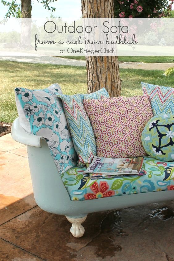 cast iron bathtub turned outdoor sofa, diy, outdoor furniture, painted furniture, repurposing upcycling, reupholster