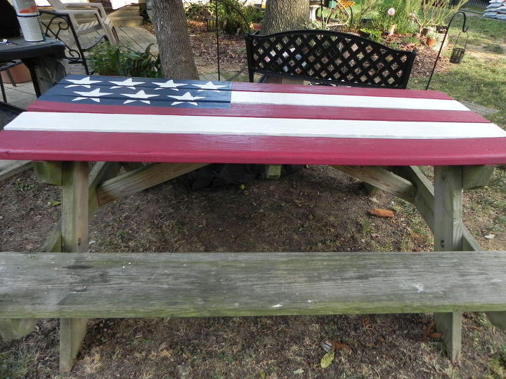 patriotic picnic table for independence day barbecue, diy, painted furniture, pallet, patriotic decor ideas, seasonal holiday decor