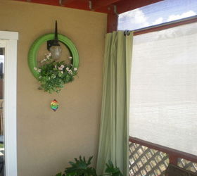 outdoor projects, gardening, home decor, patio, window treatments, Curtains for my patio made from drop cloth canvas and dyed green apple green Notice the tire planter too
