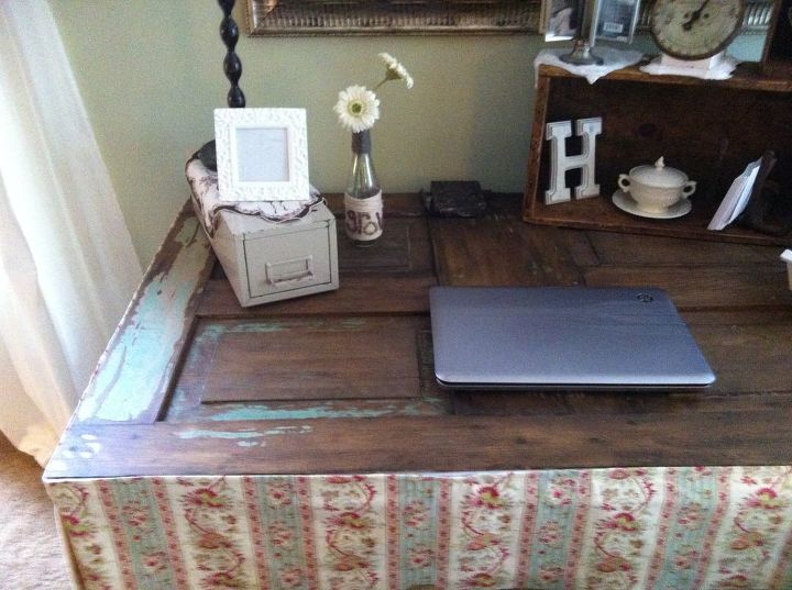 upcycling an old door to a desk, painted furniture, repurposing upcycling, Not much paint survived but what did has given this desk a nice chippy look There s that 2 card file