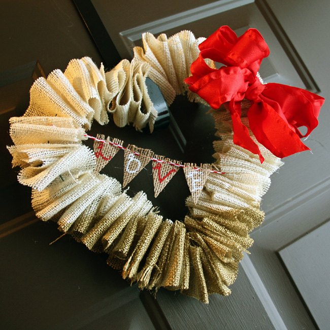 gold dipped burlap valentine s wreath with mini bunting, crafts, seasonal holiday decor, valentines day ideas, wreaths