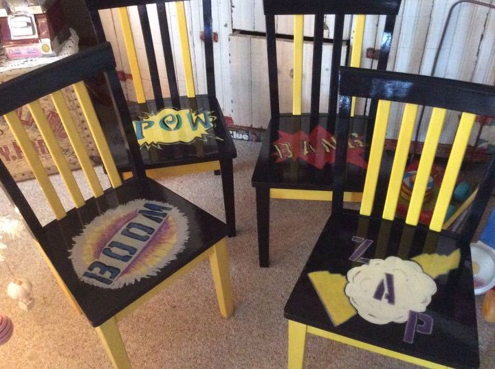 q i have been asked to plaster paint a batman themed bunk bed set, painted furniture, painting wood furniture, This is the table and chair set These are plaster painted And then poly for that exaggerated cartoon look So bed will be a bat cave How much would you charge Takes up a lot of space is worse part
