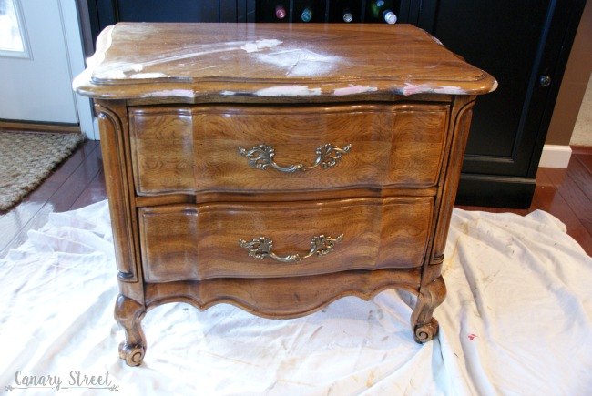 black and white french nightstand, chalk paint, decoupage, painted furniture