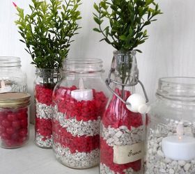 red and white valentine jars using fish tank gravel, crafts, seasonal holiday decor, valentines day ideas
