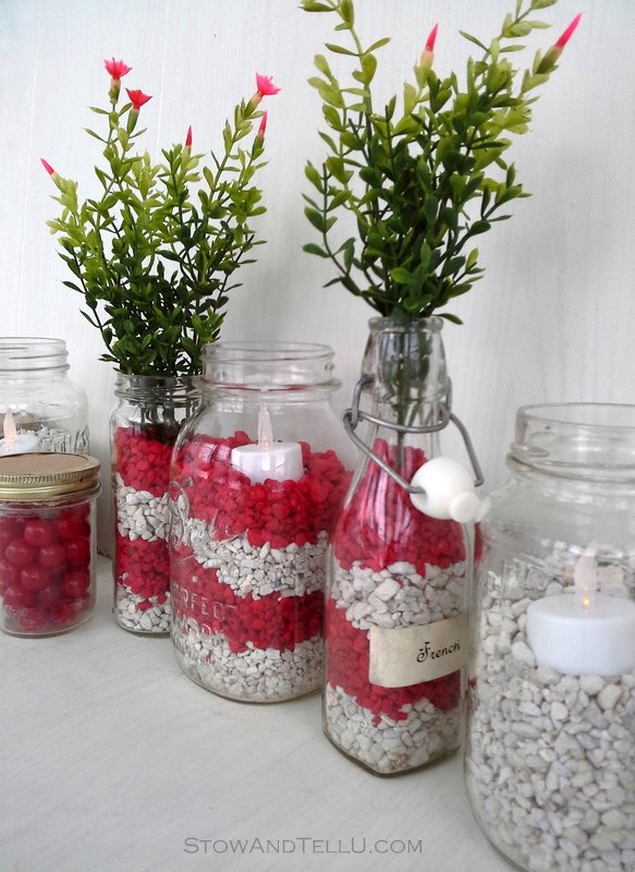 red and white valentine jars using fish tank gravel, crafts, seasonal holiday decor, valentines day ideas