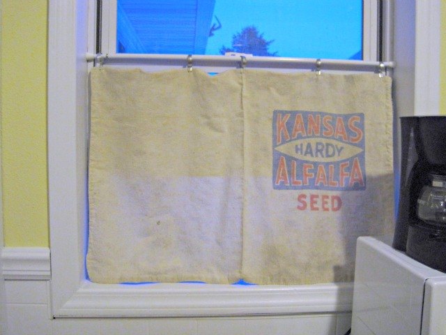 seed sack cafe curtains, kitchen design, repurposing upcycling, reupholster, window treatments, windows