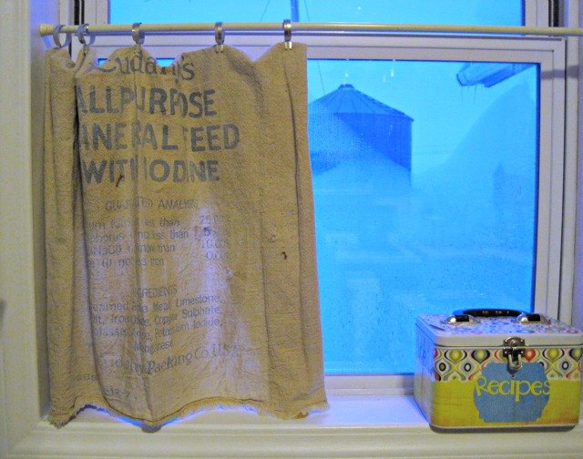 seed sack cafe curtains, kitchen design, repurposing upcycling, reupholster, window treatments, windows