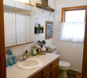 vintage farmhouse bathroom makeover, bathroom ideas, home improvement, organizing, repurposing upcycling