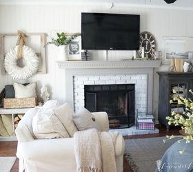 polished farmhouse family room, home decor, painting, rustic furniture