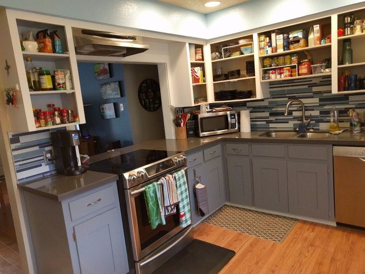 how do i cover unsightly range hood underside, Missing cabinet doors but here is kitchen