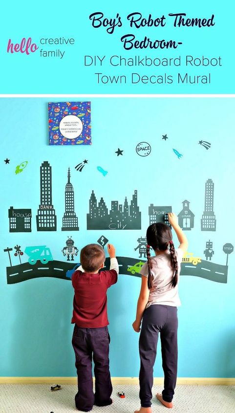 diy chalkboard robot town wall decals project, bedroom ideas, chalkboard paint, wall decor
